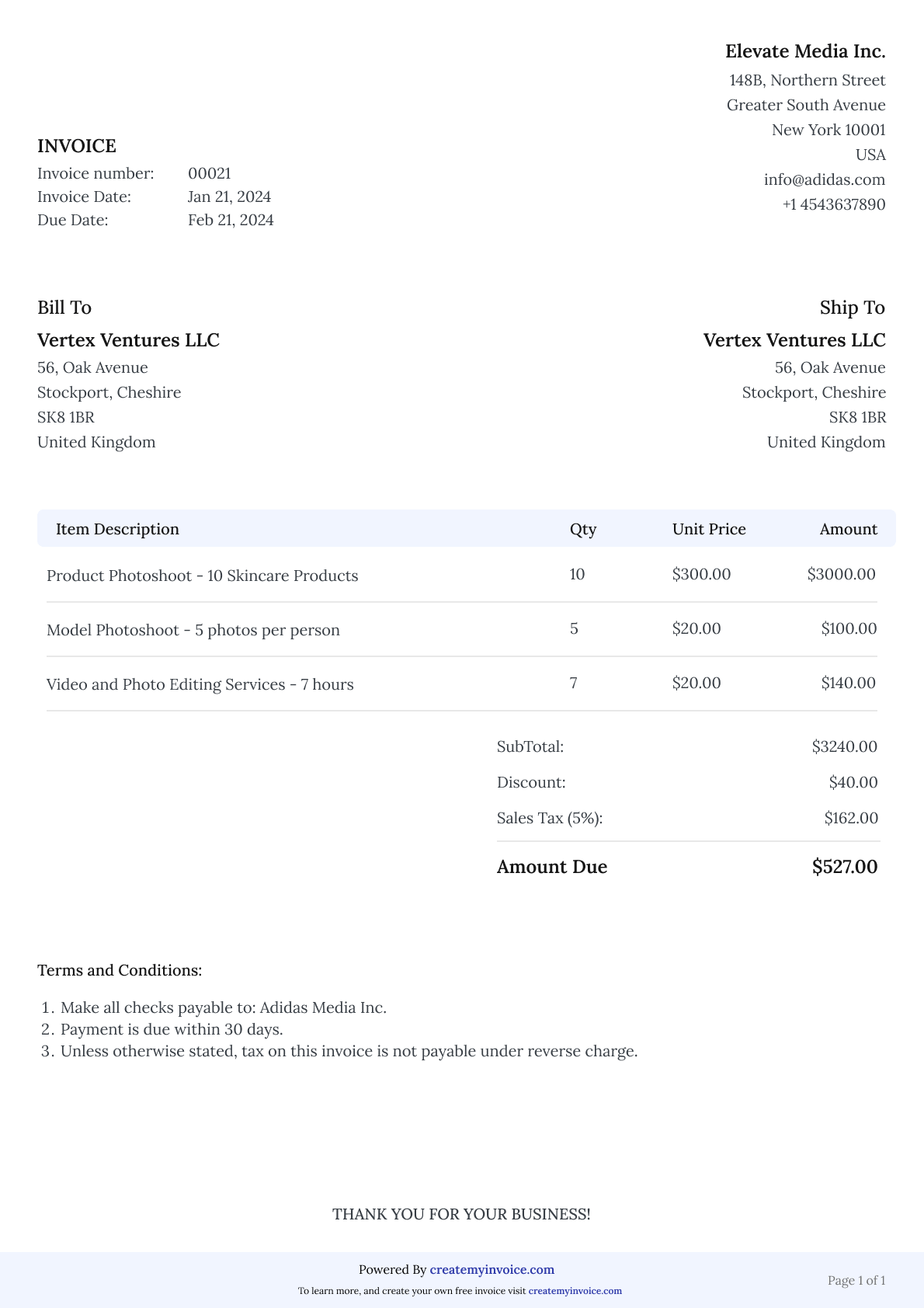 Sample invoice template generated by our free invoice generator