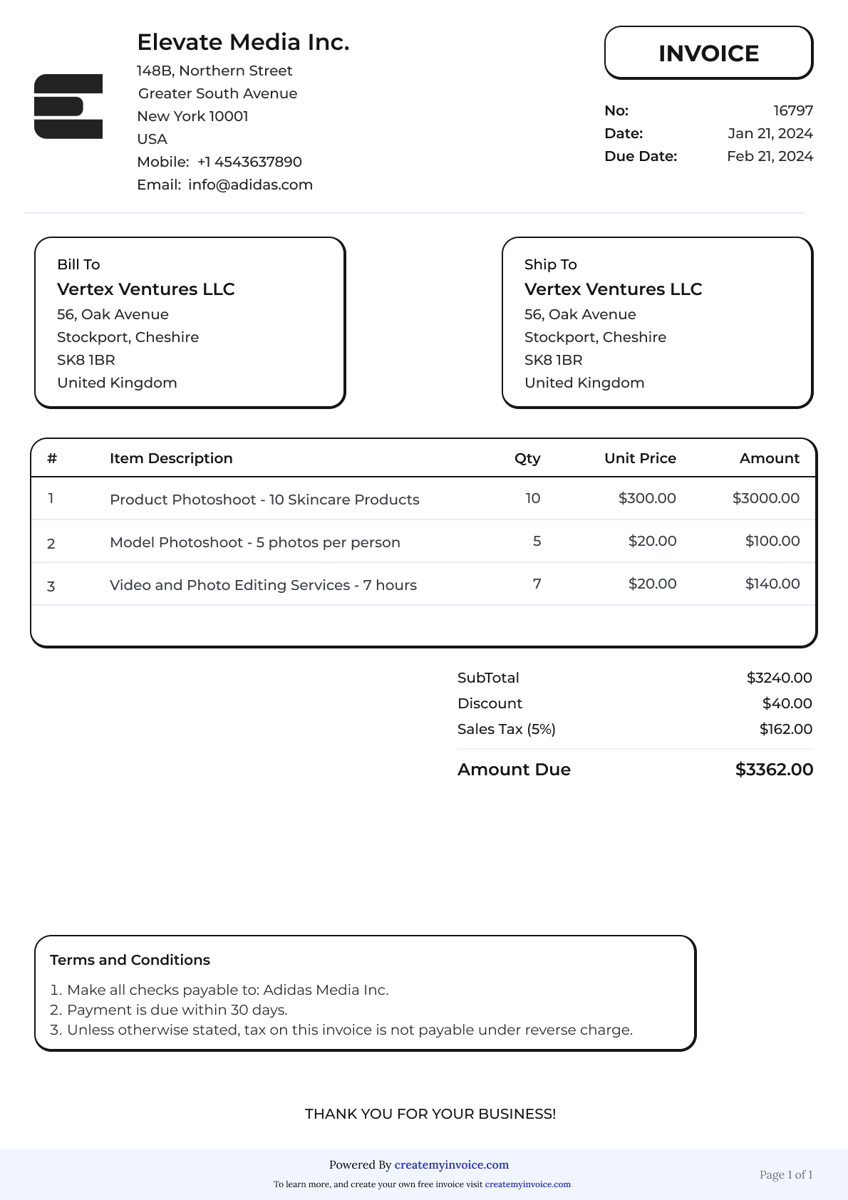 Modern invoice maker template ideal for photographers and creative professionals